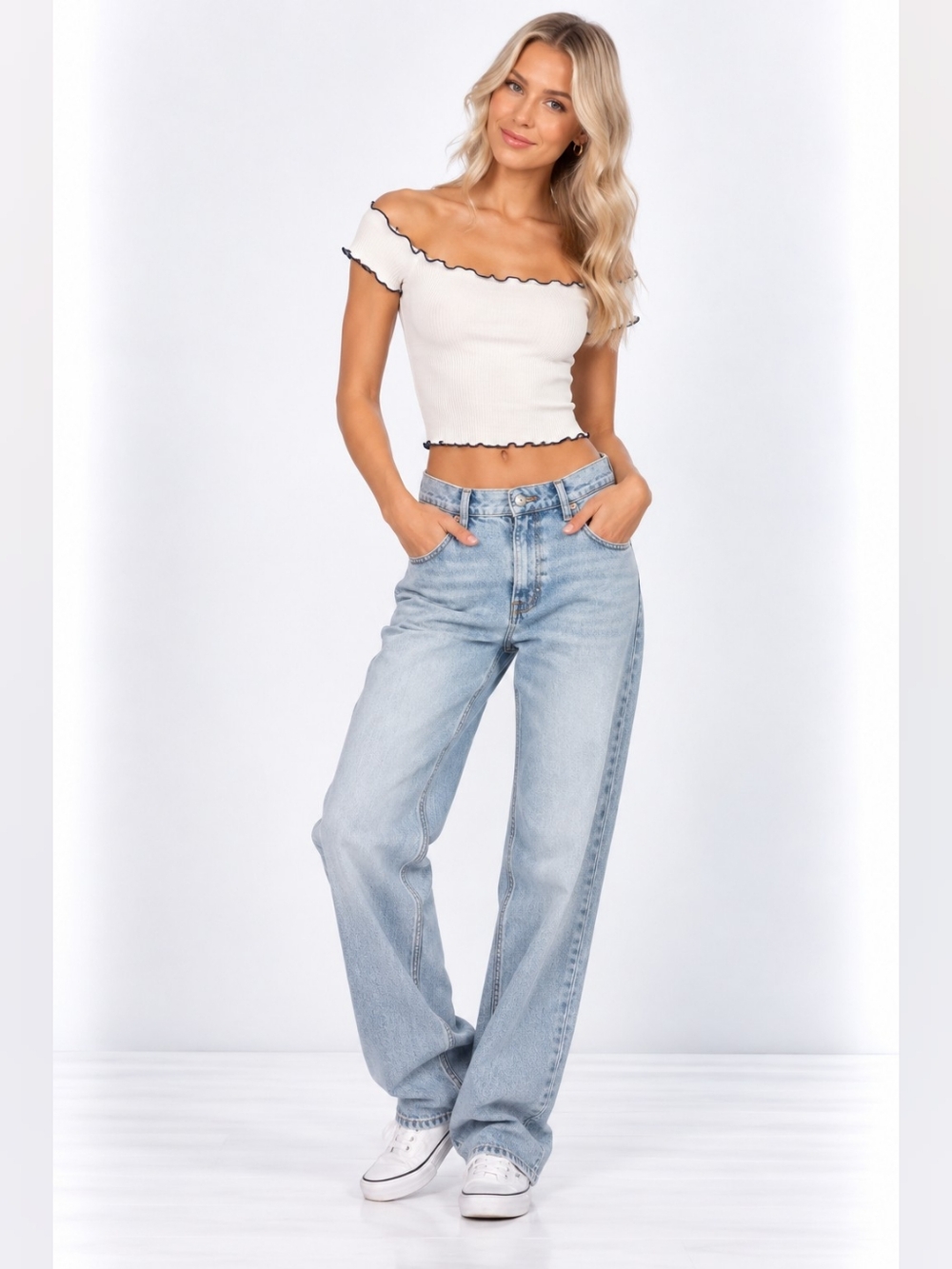 Zara Trafaluc White Ribbed Off-Shoulder Crop Top Size Small